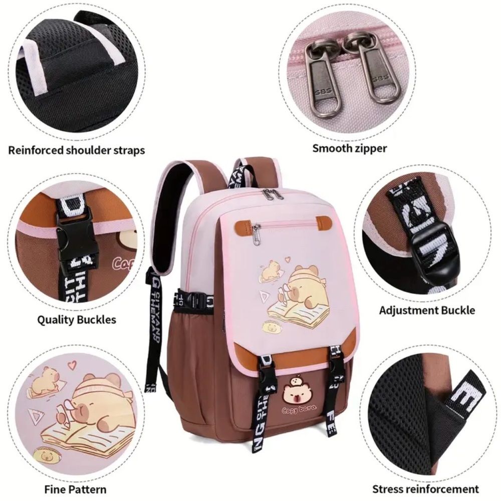 Capybara Versatile Backpack Adjustable Strap Travel Computer Bag Unisex, Pink - Picture 5 of 10